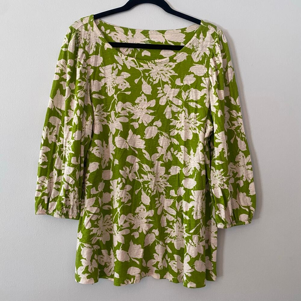 Soft Surroundings Green Pink Floral Boatneck 3/4 Shirt Linen Blend Women size XL